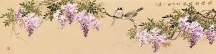 【已售】皇甫小喜 四尺对开《紫藤挂云木》 河南著名花鸟画家
