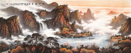 【已售】张慧仁 小八尺《秋山观瀑图》 广西山水画家协会常务理事