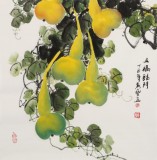 【已售】黄艺四尺斗方招财辟邪葫芦画《五福临门》