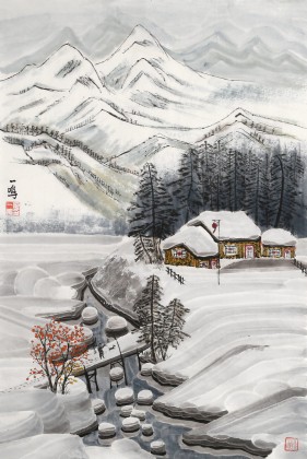 【已售】何一鸣 四尺三开《风雪归人》 冰雪画派画家 师从于志学