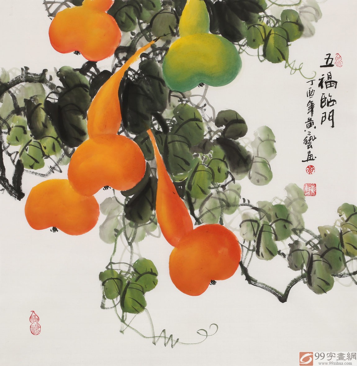黄艺四尺斗方招财辟邪葫芦画《五福临门》 - 葫芦画 - 99字画网