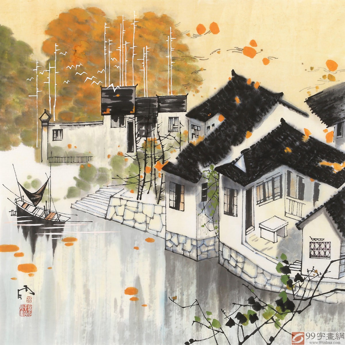 苗雨 四尺斗方江南风景画《水乡之秋》 - 写意山水画
