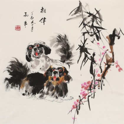 【已售】尹和平 四尺斗方《相伴》 当代乡土童趣绘画名家