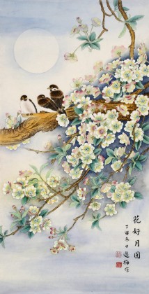 【已售】赵逸梅 三尺《花好月圆》 著名工笔画家
