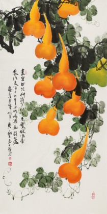 【已售】黄艺 四尺招财吉祥挂画 《闲时喝酒画葫芦》