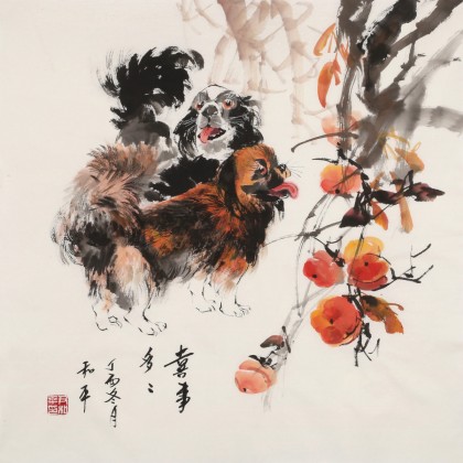 【已售】尹和平 四尺斗方《喜事多多》 当代乡土童趣绘画名家