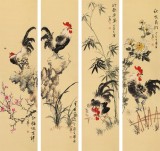 【已售】皇甫小喜 四条屏《鸡鸣四季》 河南著名花鸟画家