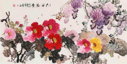 黄艺四尺吉祥家居风水画《花开富贵》 - 牡丹画- 99字画网