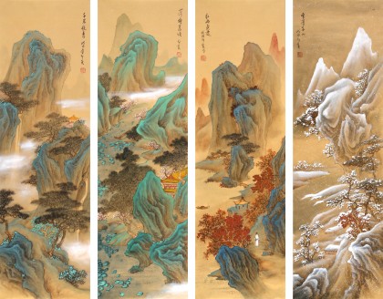 【已售】何实 四条屏《春夏秋冬》吉林著名山水画家