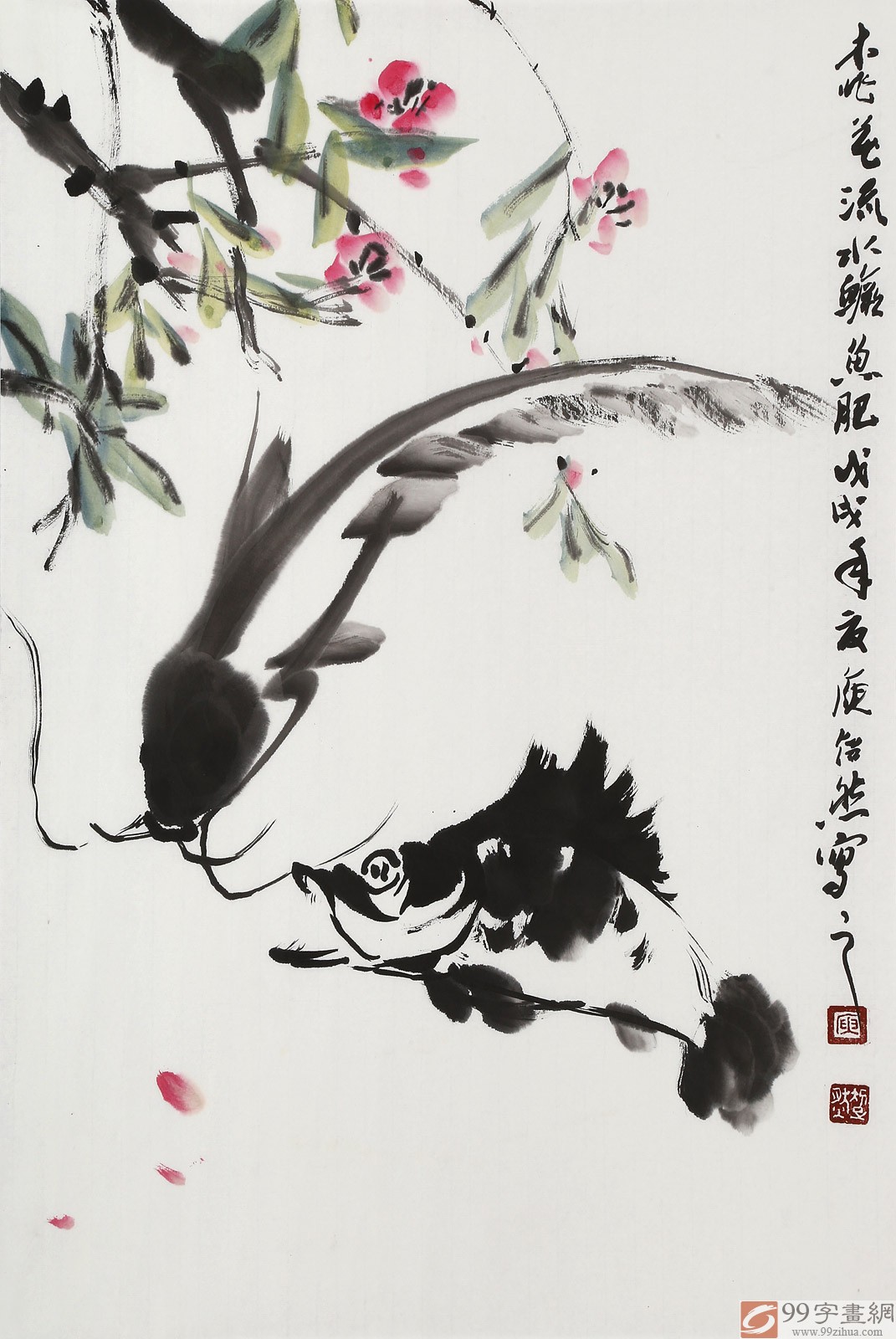 唐绘-水墨画 水墨画桃花鳜鱼流水国画- 九鱼图- 99字画网
