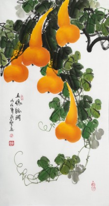 【已售】黄艺三尺招财辟邪葫芦画《五福临门》