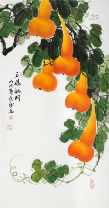 【已售】黄艺三尺招财辟邪葫芦画《五福临门》