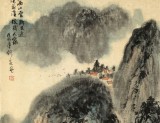 何实 四尺三开《溪山人家》 吉林著名山水画家