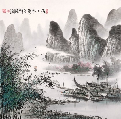 【已售】张慧仁 四尺斗方《清江帆影》 广西山水画家协会常务理事