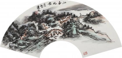 【已售】张建文 扇面《江南风景》中美协会员 清华美院高研班导师