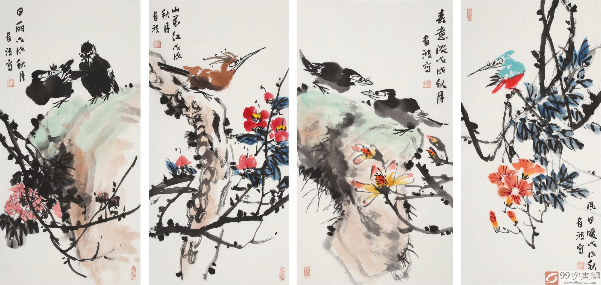 清华美院导师邢书波四条屏花鸟画 - 花鸟画 - 99字画网