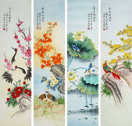 中国古美術★純手描き風景四条屏・鷹画芯★国画・斉白石印款・肉筆・宣紙・带水印 凌雪四条屏工笔国画《仙鹤》 - 花鸟画- 99字画网
