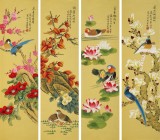 凌雪四条屏工笔国画《春夏秋冬》 - 花鸟画- 99字画网