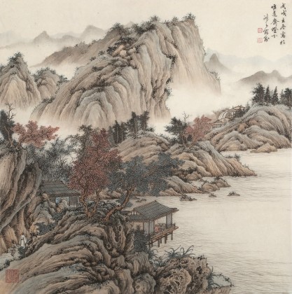 【已售】吴显刚 四尺斗方《溪山访友》 贵州七星关美协主席