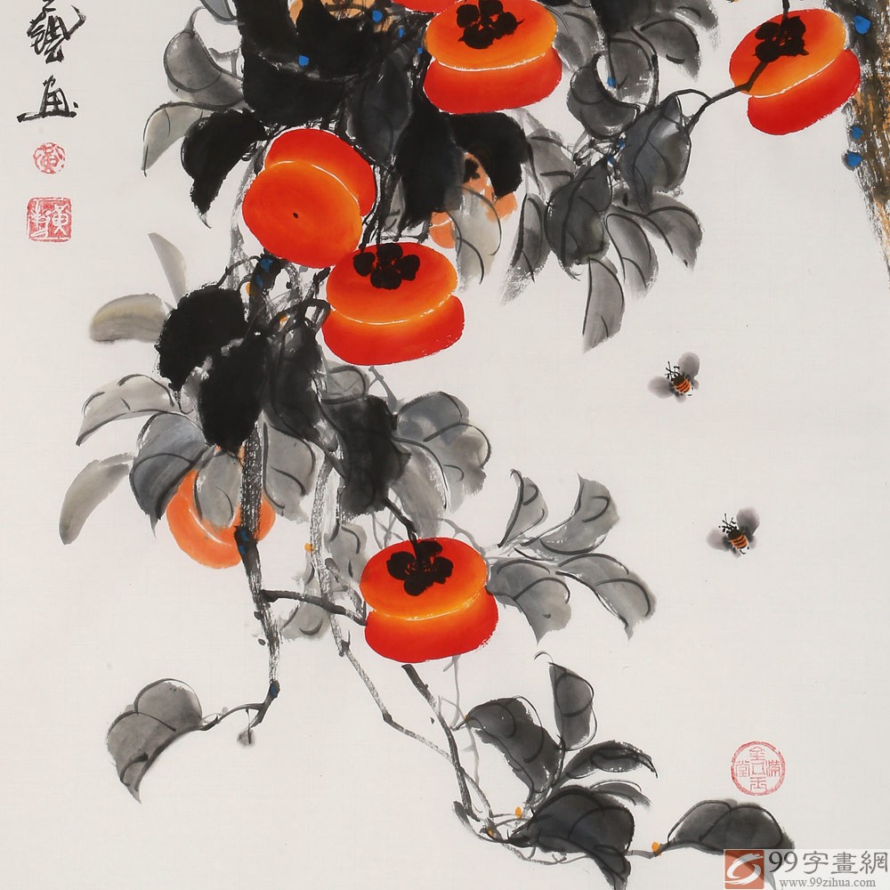 三尺风水吉利国画《事事如意》 - 柿柿如意 - 99字画网
