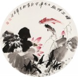 王宝钦 四尺团扇荷花《塘边情趣》当代花鸟牡丹画名家（询价）