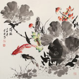 王宝钦 四尺斗方《荷趣》当代花鸟牡丹画名家（询价）