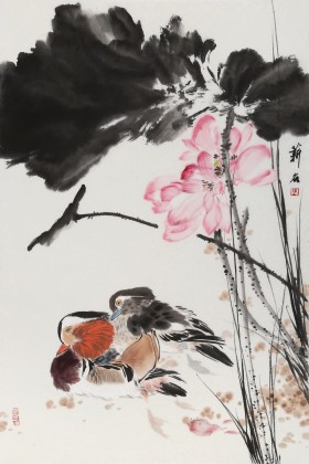 【已售】陈薪名《荷花鸳鸯图》第六届全国花鸟画展金奖获得者