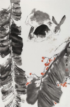 【已售】陈薪名《玉兔呈祥》 中美协会员 第六届全国花鸟画展金奖获得者