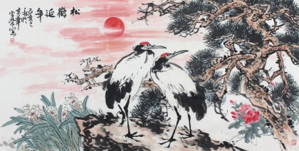 掛軸　花鳥画　松鶴延年図　絹本　手描き　美品 周宣荣四尺花鸟《松鹤延年》 - 松鹤图- 99字画网