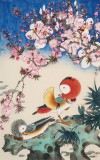 【已售】何一鸣 三尺精品工笔花鸟画新作《桃花带露浓》
