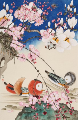 【已售】何一鸣 三尺精品工笔花鸟画新作《和美》