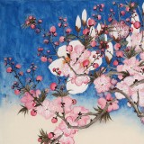 【已售】何一鸣 三尺精品工笔花鸟画新作《桃花带露浓》