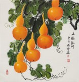 【已售】黄艺四尺斗方招财辟邪葫芦画《五福临门》