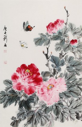 【已售】陈薪名 四尺三开《花开富贵》 中美协会员 第六届全国花鸟画展金奖获得者