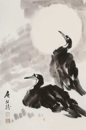 庾超然 四尺三开《双栖图》 黄鹤楼书画院院长