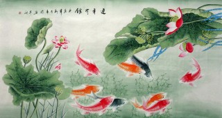 客厅字画 六尺工笔九鱼图《连年有余》