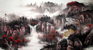 客厅字画 六尺国画山水《泉鸣山更幽》