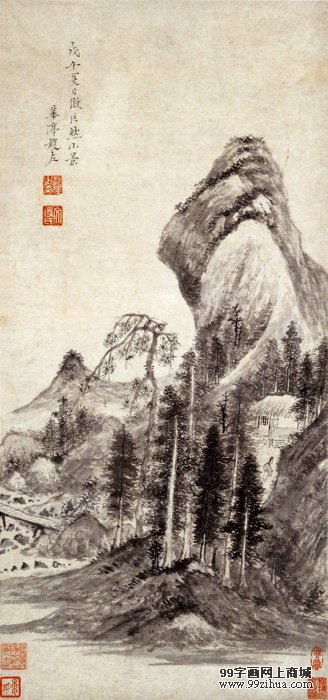 明--赵左--《仿巨然小景图》纸本，墨笔，纵67.1厘米，横35厘米，吉林省博物馆藏。
这幅作品描绘的是傍山村野的景致。近处坡岸林木，苍润葱郁，远接高峰叠岫；山谷间有草屋坪地，有人物活动其间。左岸板桥临溪，画景虽少而意境开阔。以阔笔作皴，墨韵浓润厚重。画家自识：戊午夏日，仿巨然小景，华亭赵左。这幅作品山石、树木画法虽可窥见巨然的影子，但有着画家自己的风格，较之巨然，画家用笔愈显舒放，皴染结合，滋润厚重。整幅作品风格清雅，境界具有一种脱尘的宁静的超拔，充满闲适、自在、远离人间烟火的意趣。