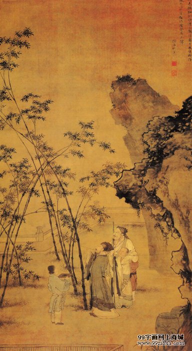 《题竹图》
明 杜堇 纸本墨笔 纵191厘米 横104.5厘米 北京故宫博物院藏
本幅右上自题七绝一首，署款“柽居杜堇”。从题诗悉知此图绘宋代著名诗人苏轼题竹的故事。画面正中高帽长须、执笔题竹者即为苏轼。人物衣纹作兰叶描，又稍见转折和顿挫，纤细而有力。墨竹主干细加晕染，逐节分明，笔墨亦显细秀特色。唯山石勾皴较随意，多尖峭折角和方向不定的短皴，近似“浙派”戴进的山石，其画法似乎与“院体”、“浙派”有一定关系。杜堇的画风也反映了成化、弘治时期绘画所具的时代性。